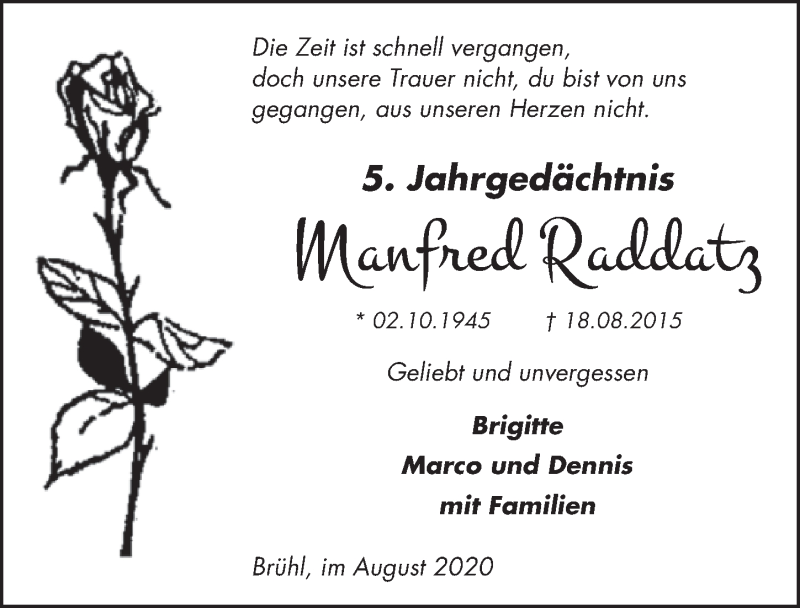  Traueranzeige für Manfred Raddatz vom 14.08.2020 aus  Schlossbote/Werbekurier 
