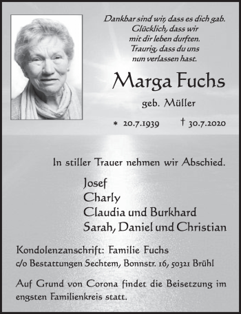 Anzeige von Marga Fuchs von  Schlossbote/Werbekurier 