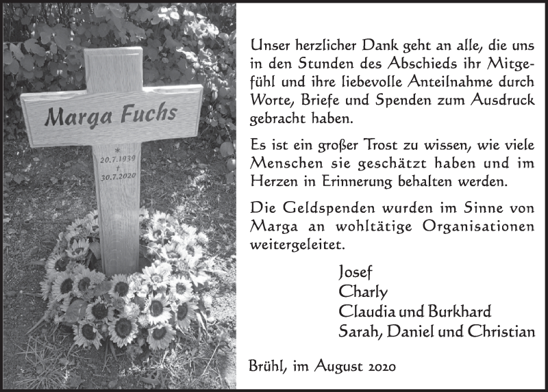  Traueranzeige für Marga Fuchs vom 28.08.2020 aus  Schlossbote/Werbekurier 