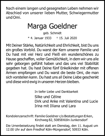 Anzeige von Marga Goeldner von Kölner Stadt-Anzeiger / Kölnische Rundschau / Express