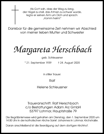 Anzeige von Margareta Herschbach von Kölner Stadt-Anzeiger / Kölnische Rundschau / Express