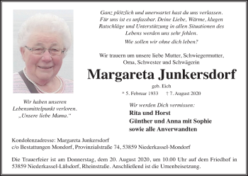 Anzeige von Margareta Junkersdorf von Kölner Stadt-Anzeiger / Kölnische Rundschau / Express