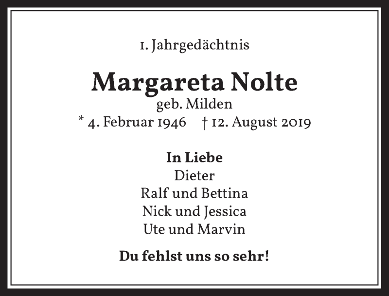 Traueranzeige für Margareta Nolte vom 14.08.2020 aus  Werbepost 