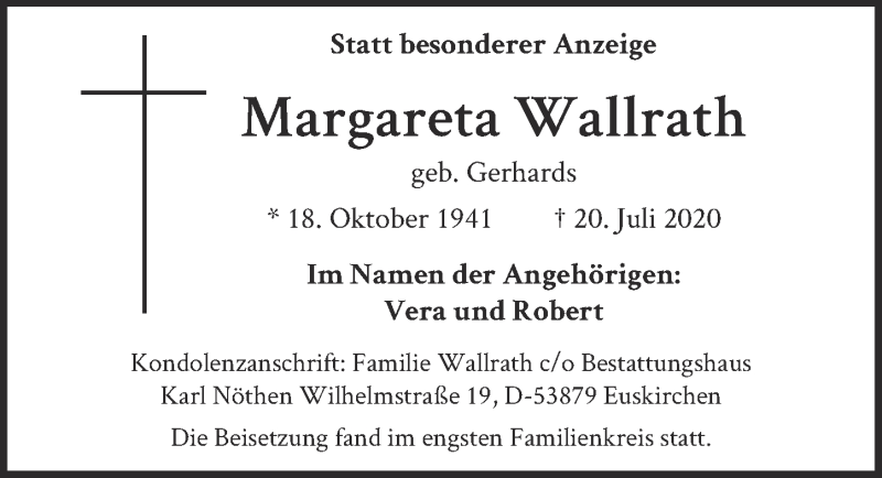  Traueranzeige für Margareta Wallrath vom 08.08.2020 aus  Blickpunkt Euskirchen 