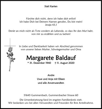 Anzeige von Margarete Baldauf von  Anzeigen Echo 