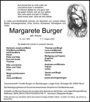 Anzeige von Margarete Burger von Kölner Stadt-Anzeiger / Kölnische Rundschau / Express