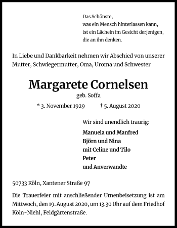 Anzeige von Margarete Cornelsen von Kölner Stadt-Anzeiger / Kölnische Rundschau / Express
