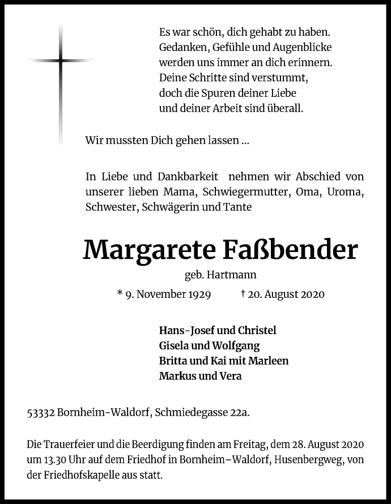  Traueranzeige für Margarete Faßbender vom 26.08.2020 aus Kölner Stadt-Anzeiger / Kölnische Rundschau / Express