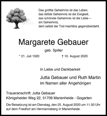 Anzeige von Margarete Gebauer von  Anzeigen Echo 