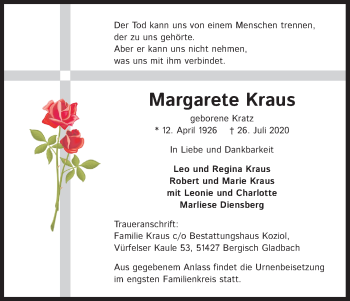 Anzeige von Margarete Kraus von Kölner Stadt-Anzeiger / Kölnische Rundschau / Express