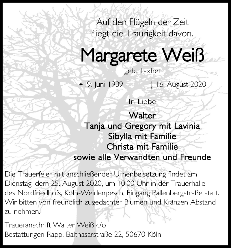  Traueranzeige für Margarete Weiß vom 22.08.2020 aus Kölner Stadt-Anzeiger / Kölnische Rundschau / Express