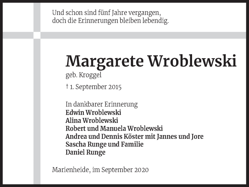 Traueranzeige für Margarete Wroblewski vom 01.09.2020 aus Kölner Stadt-Anzeiger / Kölnische Rundschau / Express