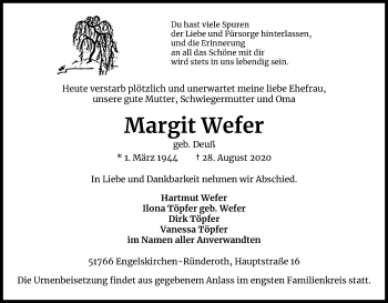 Anzeige von Margit Wefer von Kölner Stadt-Anzeiger / Kölnische Rundschau / Express