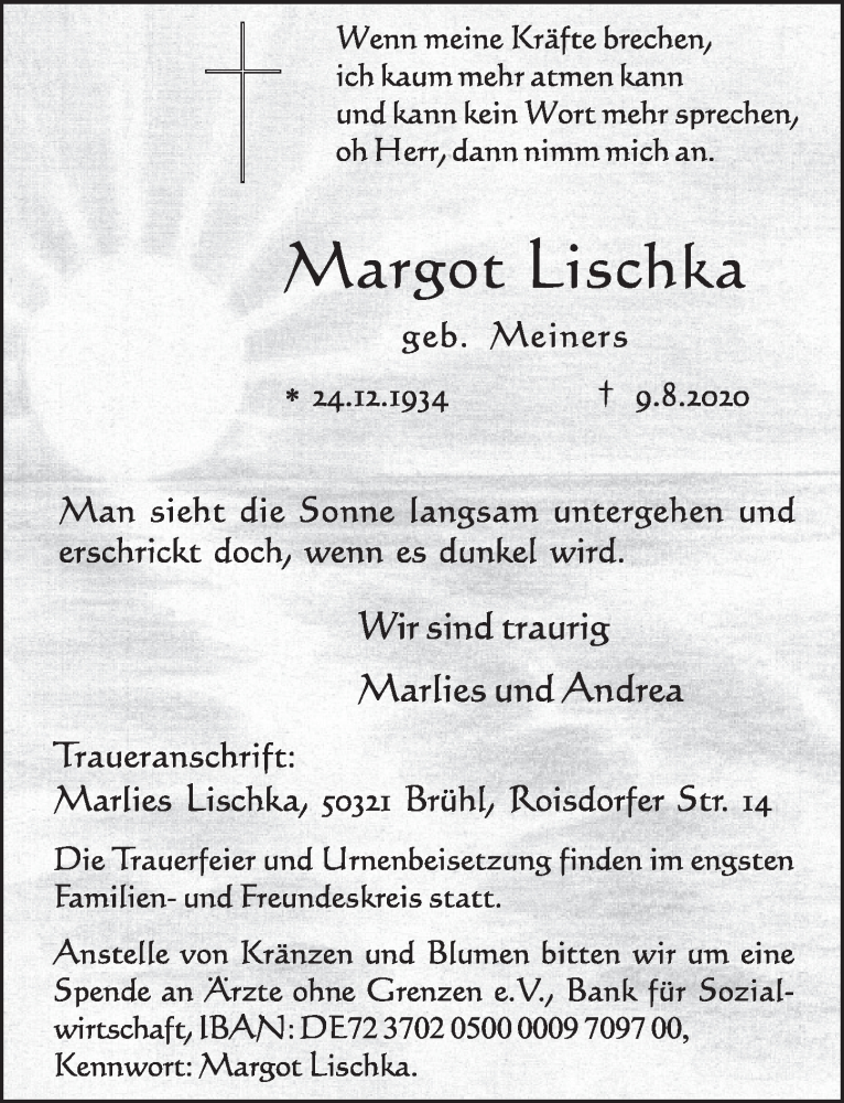  Traueranzeige für Margot Lischka vom 14.08.2020 aus  Schlossbote/Werbekurier 