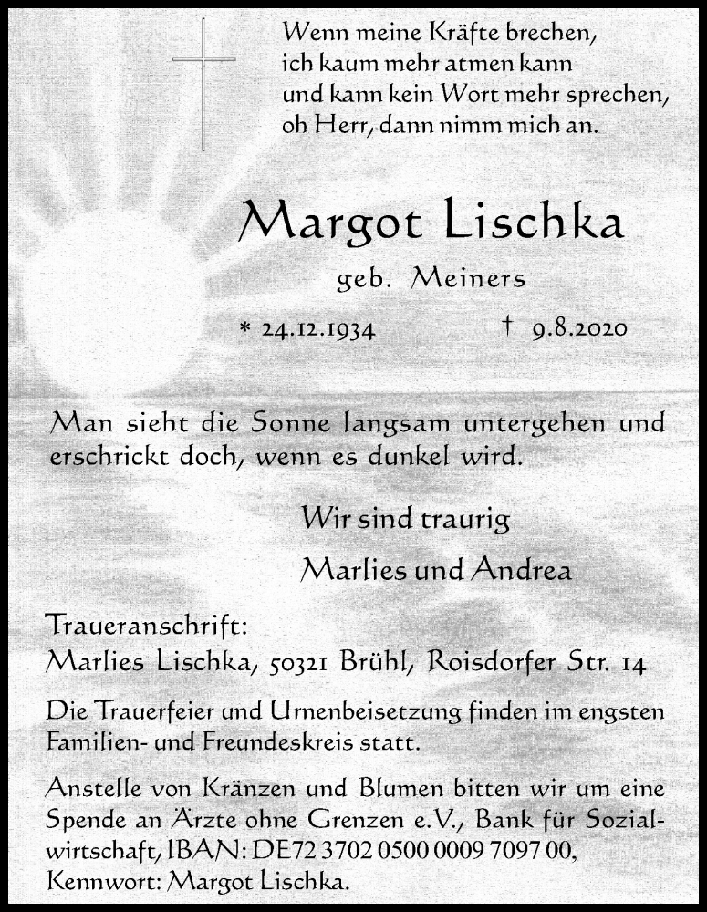  Traueranzeige für Margot Lischka vom 14.08.2020 aus Kölner Stadt-Anzeiger / Kölnische Rundschau / Express