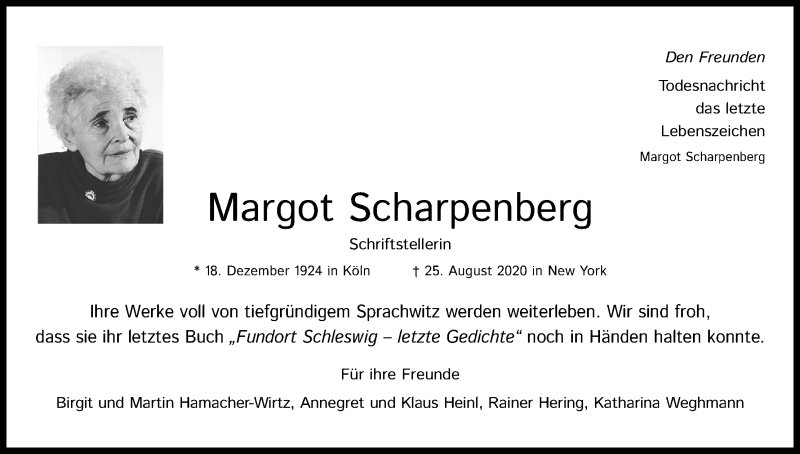 Traueranzeige für Margot Scharpenberg vom 29.08.2020 aus Kölner Stadt-Anzeiger / Kölnische Rundschau / Express
