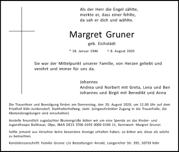 Anzeige von Margret Gruner von Kölner Stadt-Anzeiger / Kölnische Rundschau / Express