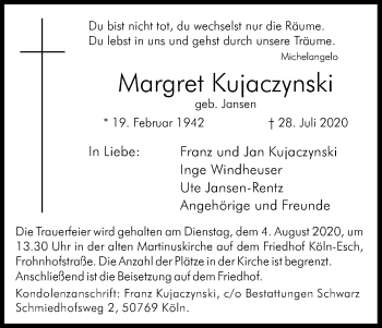 Anzeige von Margret Kujaczynski von Kölner Stadt-Anzeiger / Kölnische Rundschau / Express