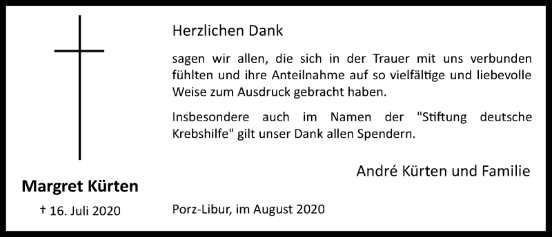  Traueranzeige für Margret Kürten vom 14.08.2020 aus  Kölner Wochenspiegel 