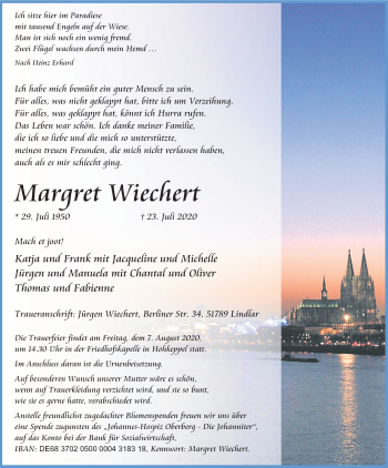 Anzeige von Margret Wiechert von Kölner Stadt-Anzeiger / Kölnische Rundschau / Express