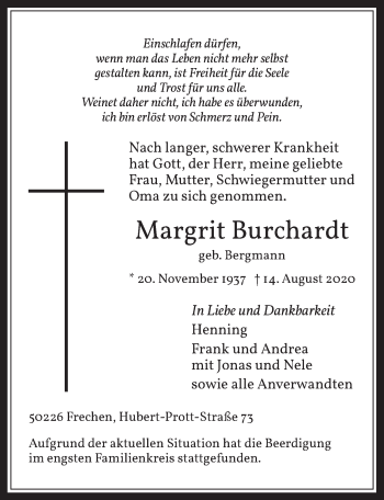 Anzeige von Margrit Burchardt von  Wochenende 