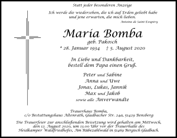 Anzeige von Maria Bomba von Kölner Stadt-Anzeiger / Kölnische Rundschau / Express