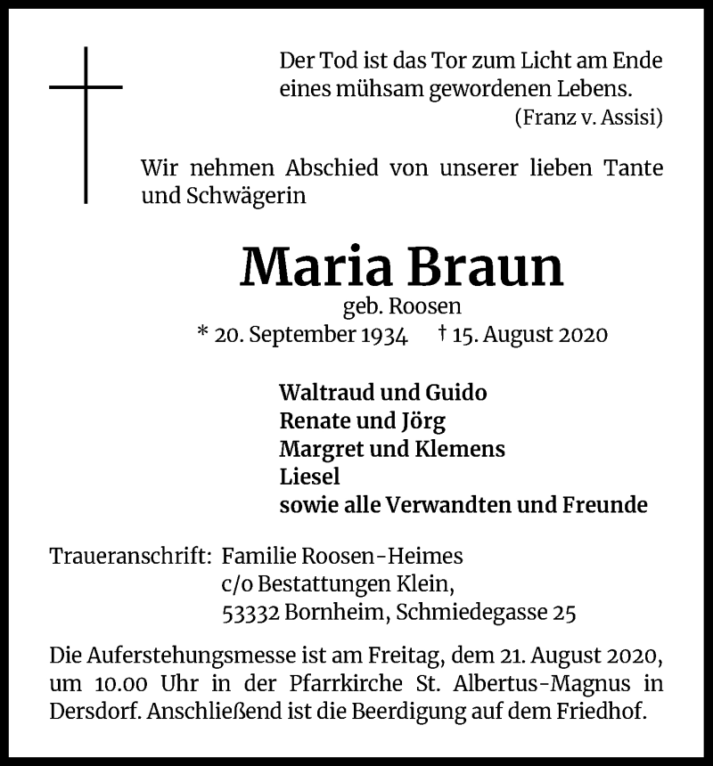  Traueranzeige für Maria Braun vom 19.08.2020 aus Kölner Stadt-Anzeiger / Kölnische Rundschau / Express