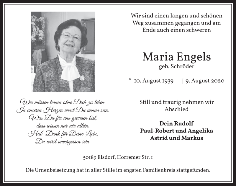  Traueranzeige für Maria Engels vom 21.08.2020 aus  Werbepost 