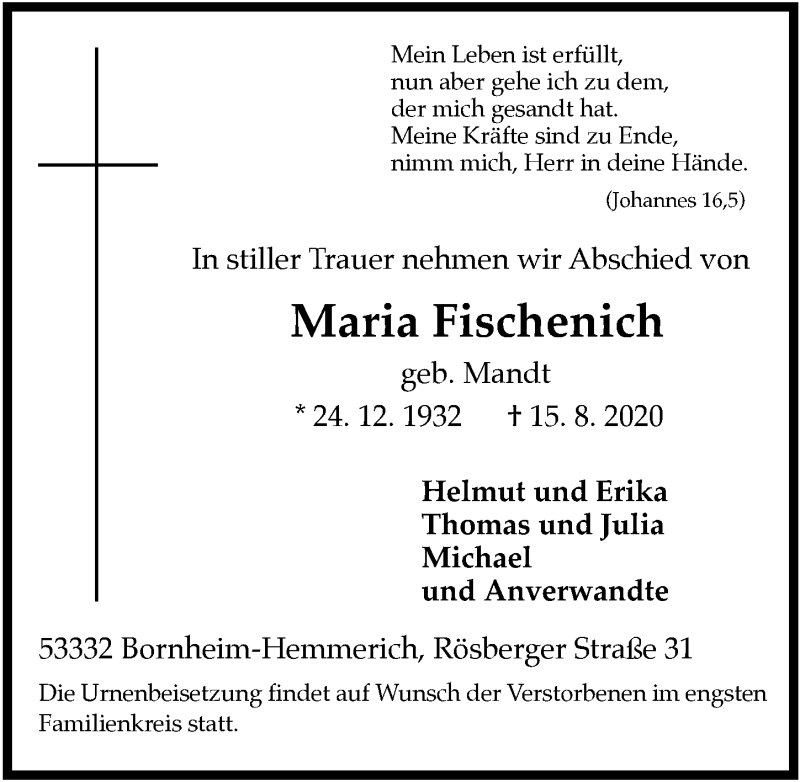  Traueranzeige für Maria Fischenich vom 21.08.2020 aus  Schaufenster/Blickpunkt 