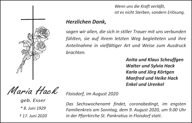  Traueranzeige für Maria Hack vom 08.08.2020 aus  Blickpunkt Euskirchen 