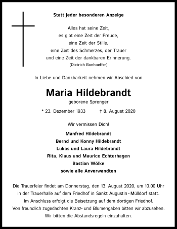 Anzeige von Maria Hildebrandt von Kölner Stadt-Anzeiger / Kölnische Rundschau / Express