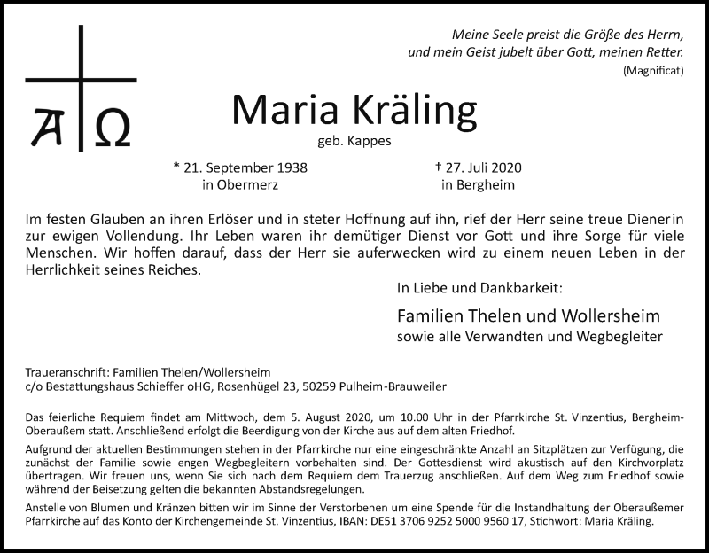  Traueranzeige für Maria Kräling vom 01.08.2020 aus Kölner Stadt-Anzeiger / Kölnische Rundschau / Express