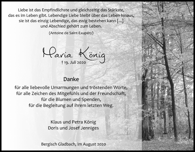  Traueranzeige für Maria König vom 22.08.2020 aus Kölner Stadt-Anzeiger / Kölnische Rundschau / Express