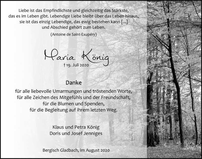  Traueranzeige für Maria König vom 21.08.2020 aus  Bergisches Handelsblatt 