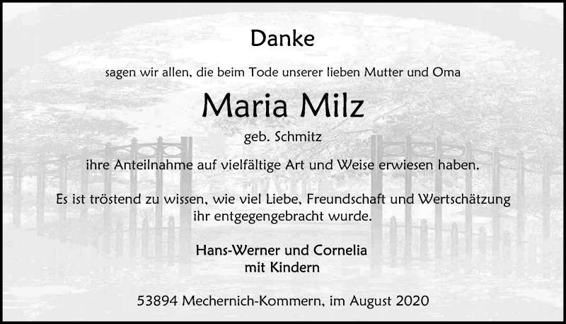  Traueranzeige für Maria Milz vom 29.08.2020 aus  Blickpunkt Euskirchen 