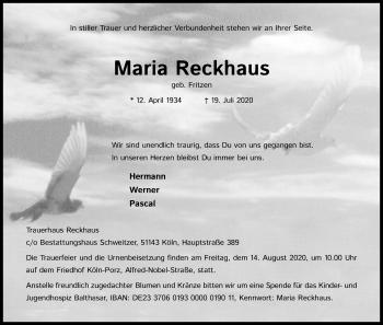 Anzeige von Maria Reckhaus von Kölner Stadt-Anzeiger / Kölnische Rundschau / Express