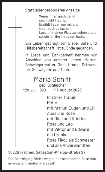Anzeige von Maria Schiff von  Wochenende 