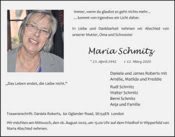 Anzeige von Maria Schmitz von Kölner Stadt-Anzeiger / Kölnische Rundschau / Express