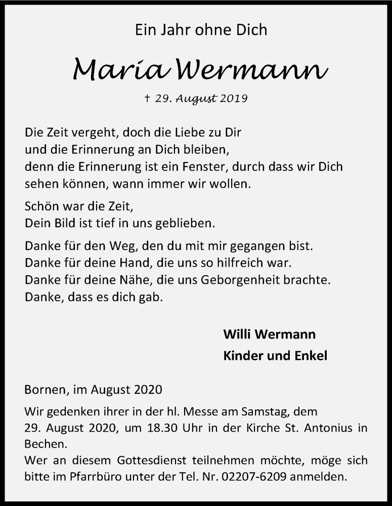  Traueranzeige für Maria Wermann vom 22.08.2020 aus Kölner Stadt-Anzeiger / Kölnische Rundschau / Express