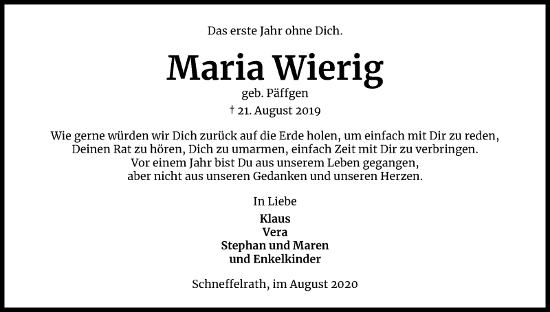  Traueranzeige für Maria Wierig vom 22.08.2020 aus Kölner Stadt-Anzeiger / Kölnische Rundschau / Express