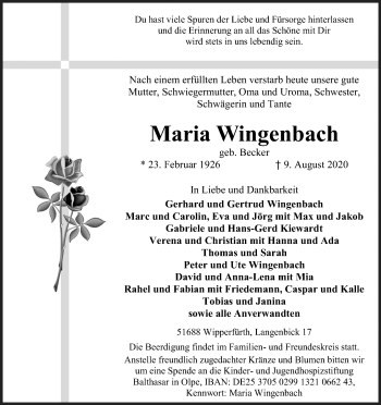 Anzeige von Maria Wingenbach von Kölner Stadt-Anzeiger / Kölnische Rundschau / Express