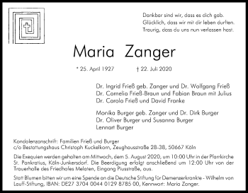 Anzeige von Maria Zanger von Kölner Stadt-Anzeiger / Kölnische Rundschau / Express