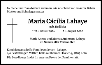 Anzeige von Maria Cäcilia Lahaye von Kölner Stadt-Anzeiger / Kölnische Rundschau / Express