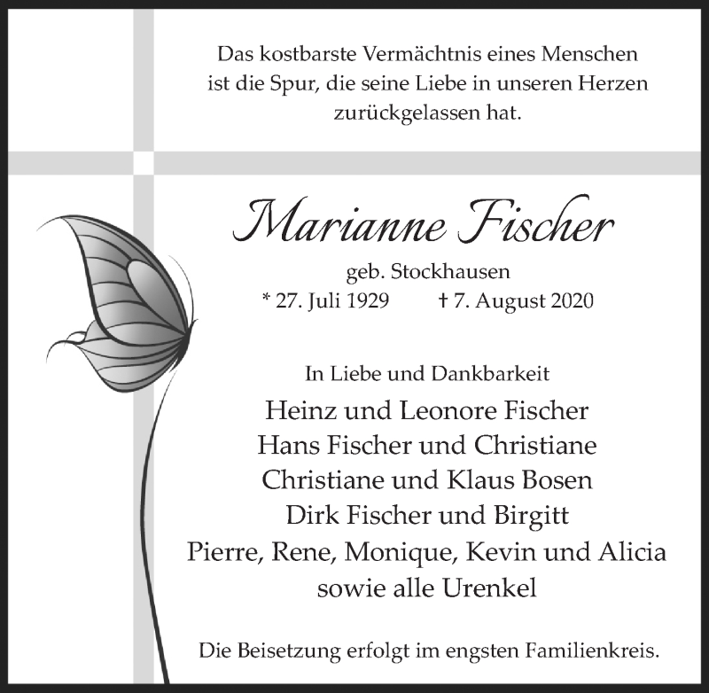  Traueranzeige für Marianne Fischer vom 21.08.2020 aus  Wochenende  Werbepost 