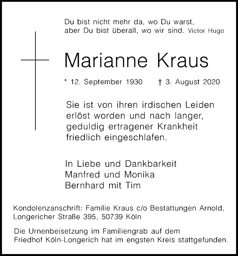  Traueranzeige für Marianne Kraus vom 22.08.2020 aus Kölner Stadt-Anzeiger / Kölnische Rundschau / Express