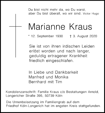 Anzeige von Marianne Kraus von Kölner Stadt-Anzeiger / Kölnische Rundschau / Express