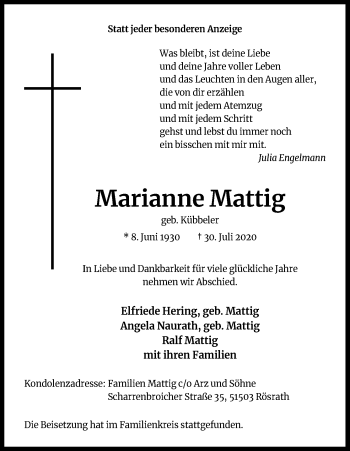 Anzeige von Marianne Mattig von Kölner Stadt-Anzeiger / Kölnische Rundschau / Express