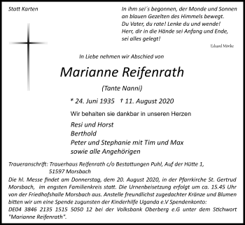 Anzeige von Marianne Reifenrath von Kölner Stadt-Anzeiger / Kölnische Rundschau / Express