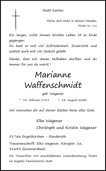 Anzeige von Marianne Waffenschmidt von Kölner Stadt-Anzeiger / Kölnische Rundschau / Express