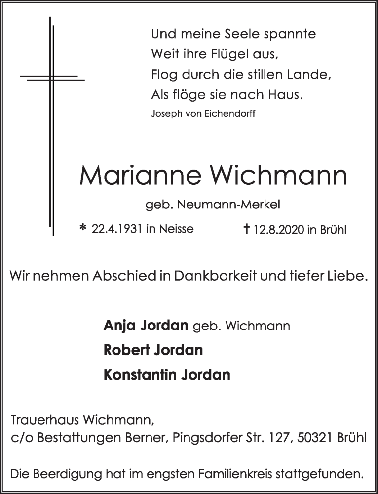  Traueranzeige für Marianne Wichmann vom 21.08.2020 aus  Schlossbote/Werbekurier 